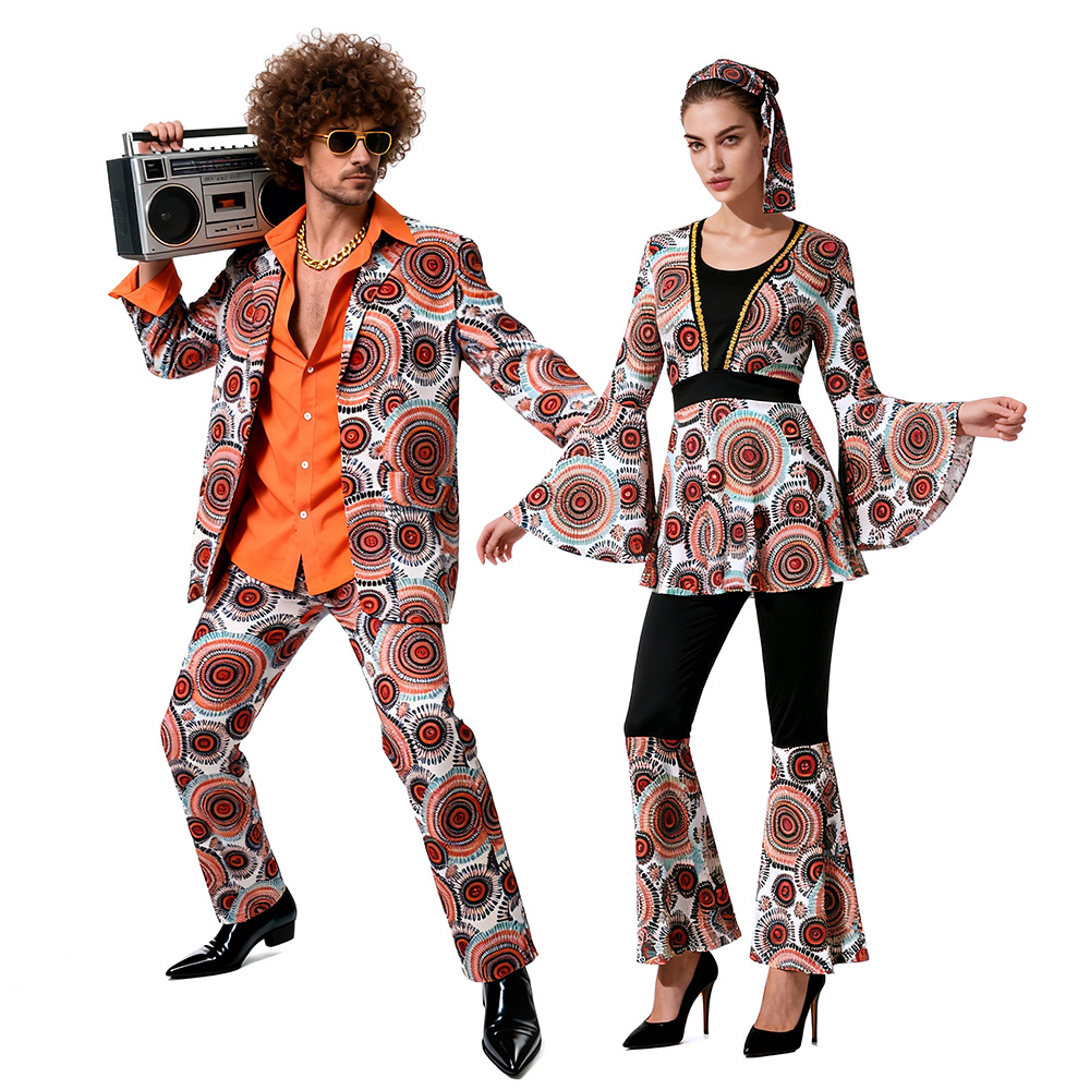 Couple 70s 80s Disco Hippie Costume Set Retro Circular Print Flared Pants Outfit